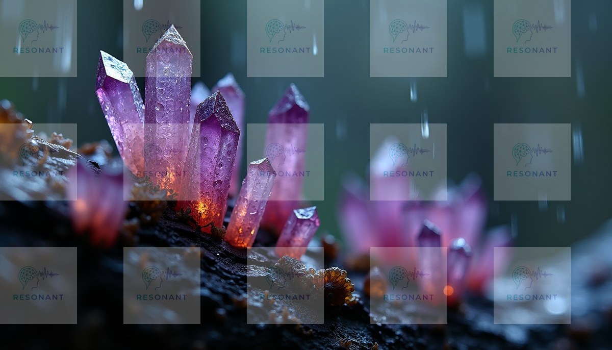 Watermarked preview — Glowing Amethyst Crystal Cluster in Rain