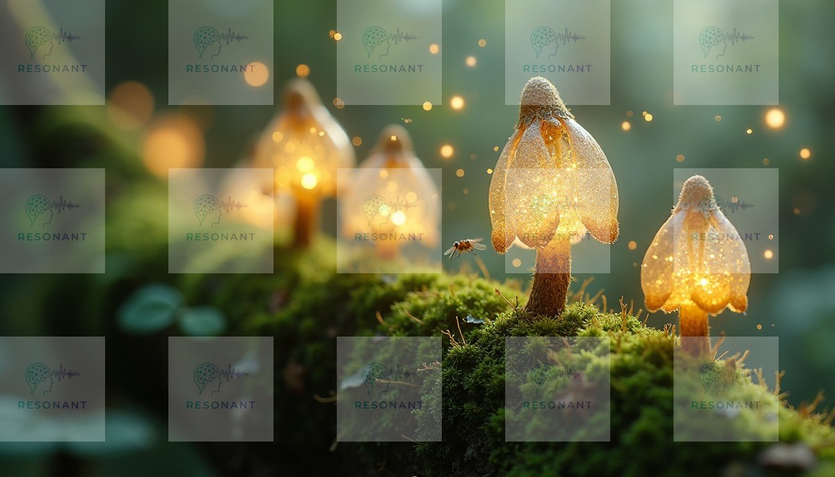 Watermarked preview — Enchanted Forest Glowing Mushroom Macro Print