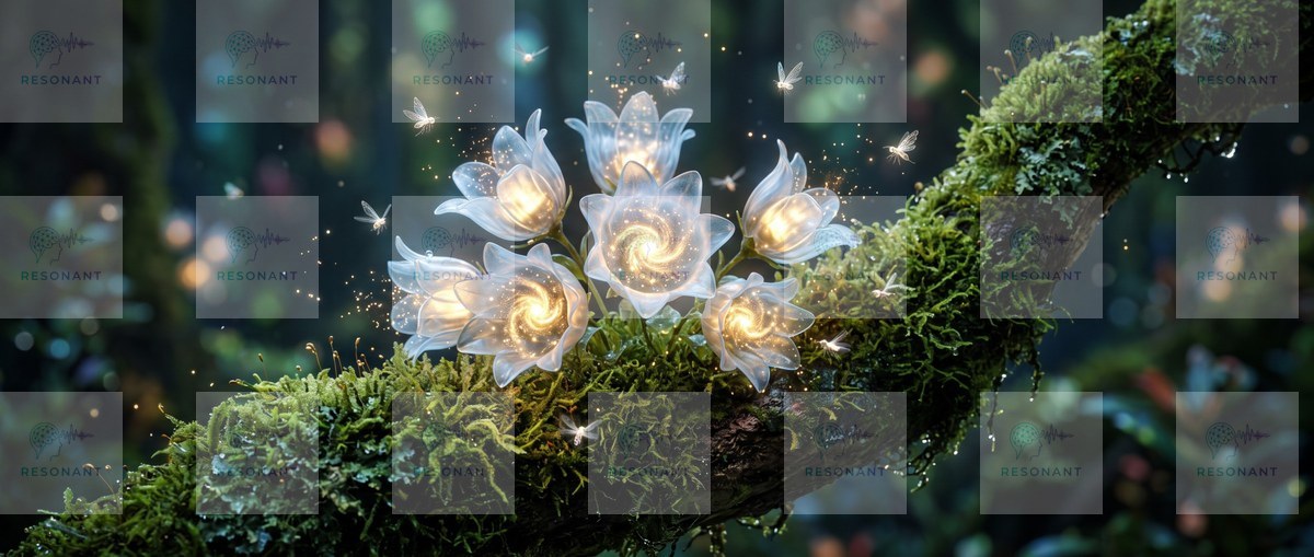 Watermarked preview — Luminous Enchanted Fairy Flowers on Mossy Branch