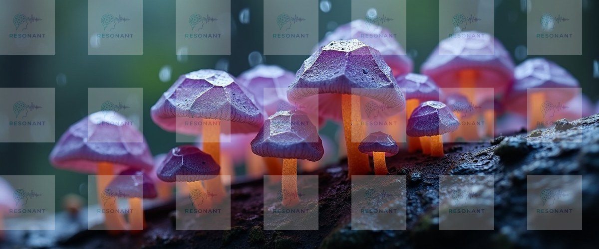 Watermarked preview — Enchanted Purple Faceted Mushrooms Macro Art