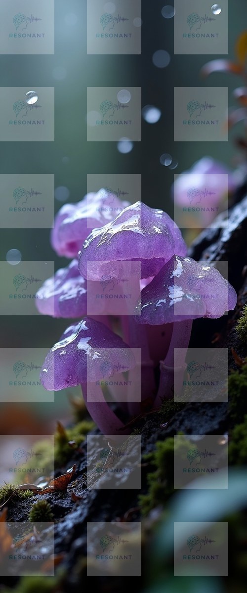 Watermarked preview — Glistening Violet Mushrooms in Forest Rain