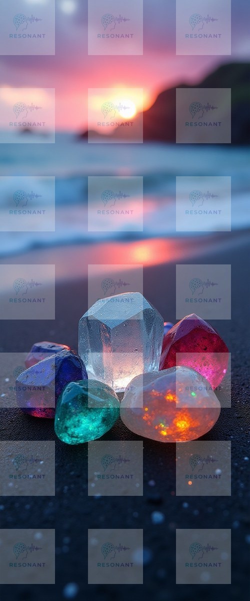 Watermarked preview — Glowing Gemstones on Sunset Ocean Beach