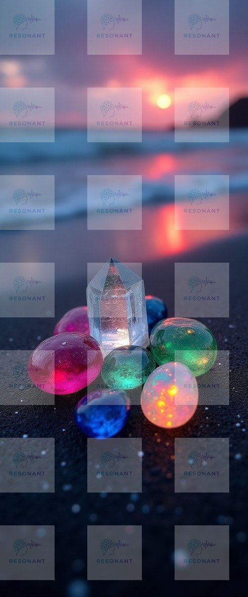 Watermarked preview — Glowing Gemstones on Black Sand Beach at Sunset