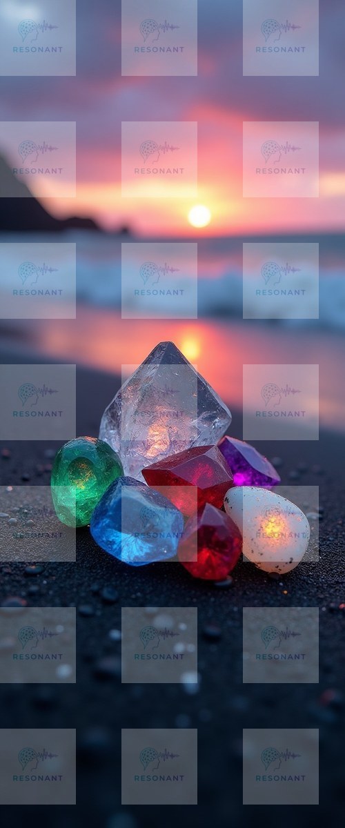 Watermarked preview — Glowing Gemstones on Black Sand Beach at Sunset