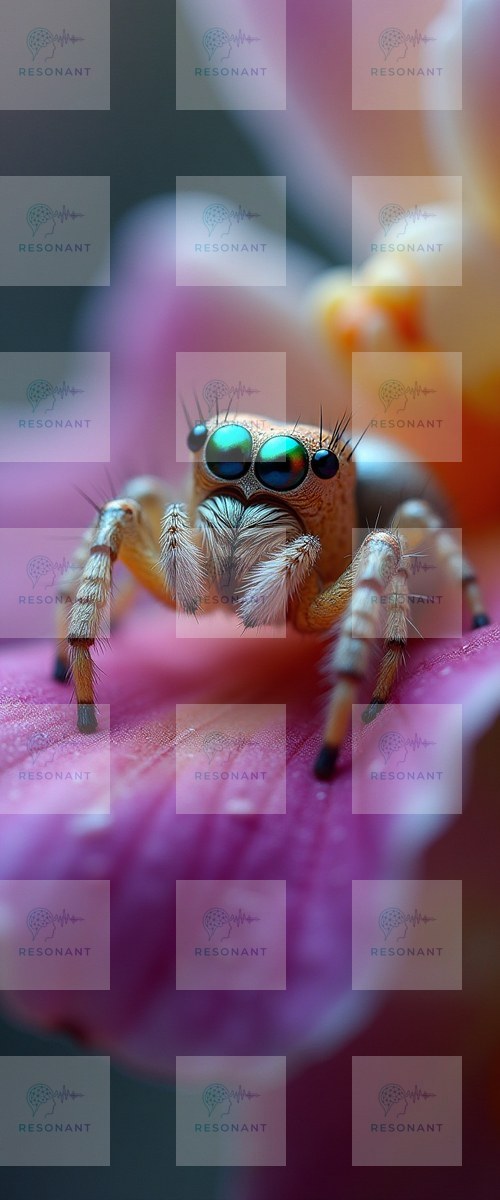 Watermarked preview — Jewel Eyed Jumping Spider on Pink Blossom