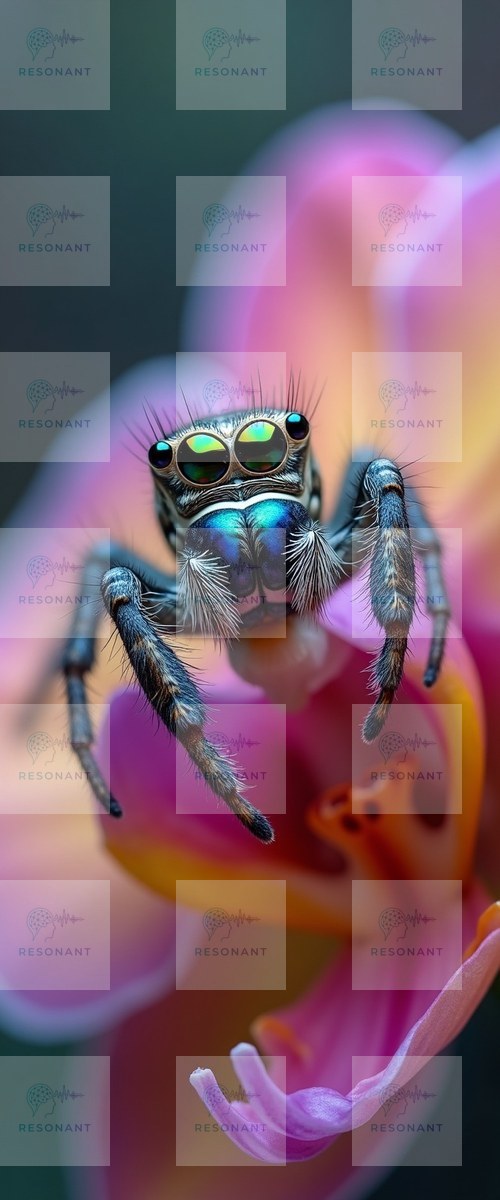 Watermarked preview — Iridescent Jumping Spider on Pink Orchid