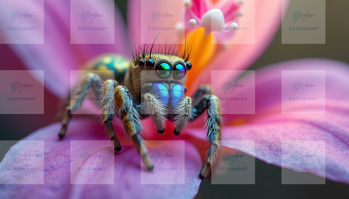 Watermarked preview — Vibrant Iridescent Jumping Spider Macro Artwork