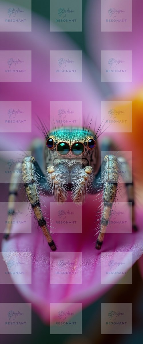 Watermarked preview — Iridescent Jumping Spider on Pink Petal