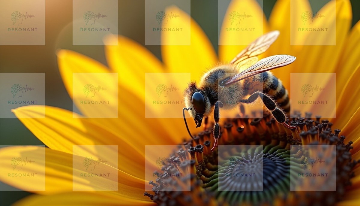 Watermarked preview — Golden Sunflower and Honeybee Macro Print