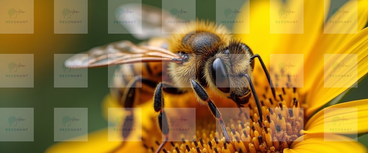 Watermarked preview — Honeybee Pollinating Vibrant Yellow Flower Macro