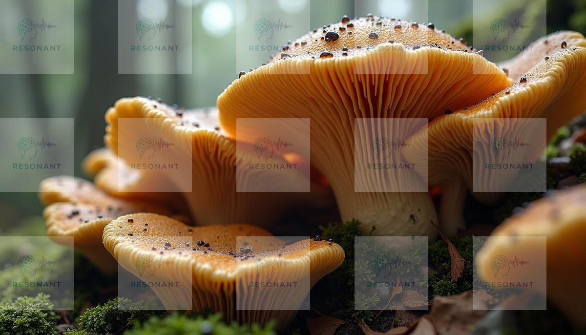 Watermarked preview — Golden Forest Mushrooms Macro Nature Print