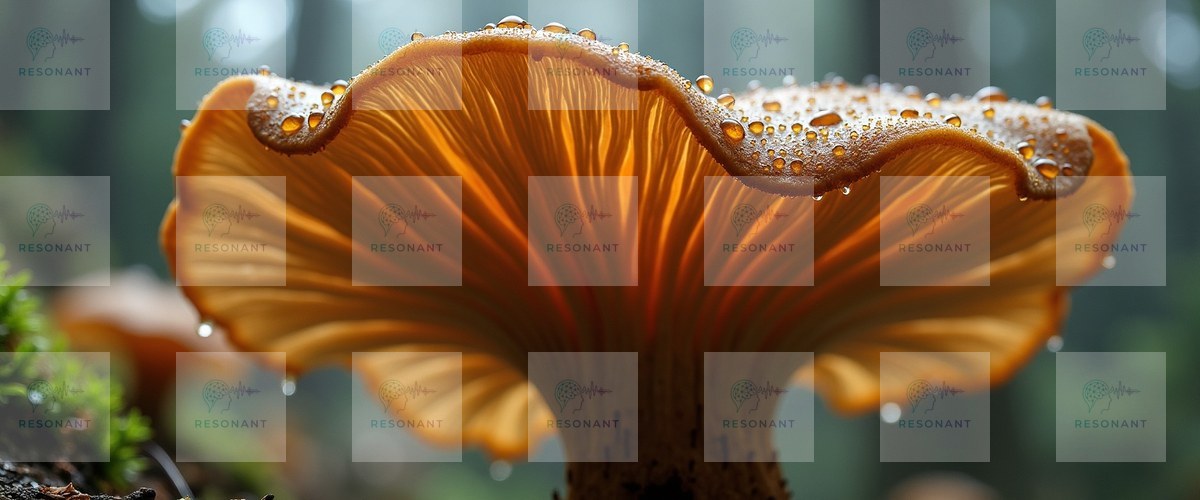Watermarked preview — Glowing Golden Mushroom Dewdrop Macro Print