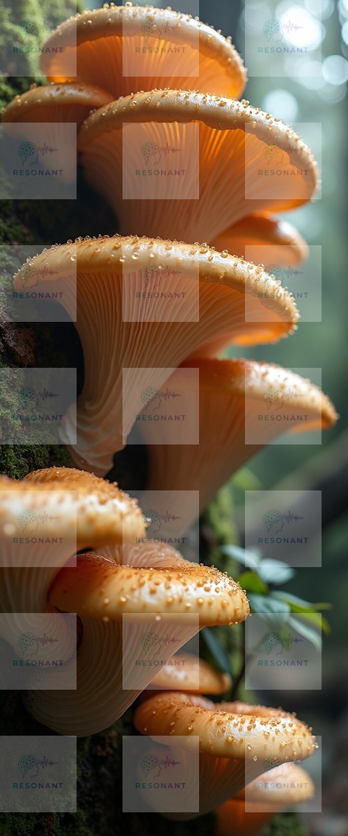 Watermarked preview — Golden Dewdrops Luminous Forest Mushrooms Wall Art