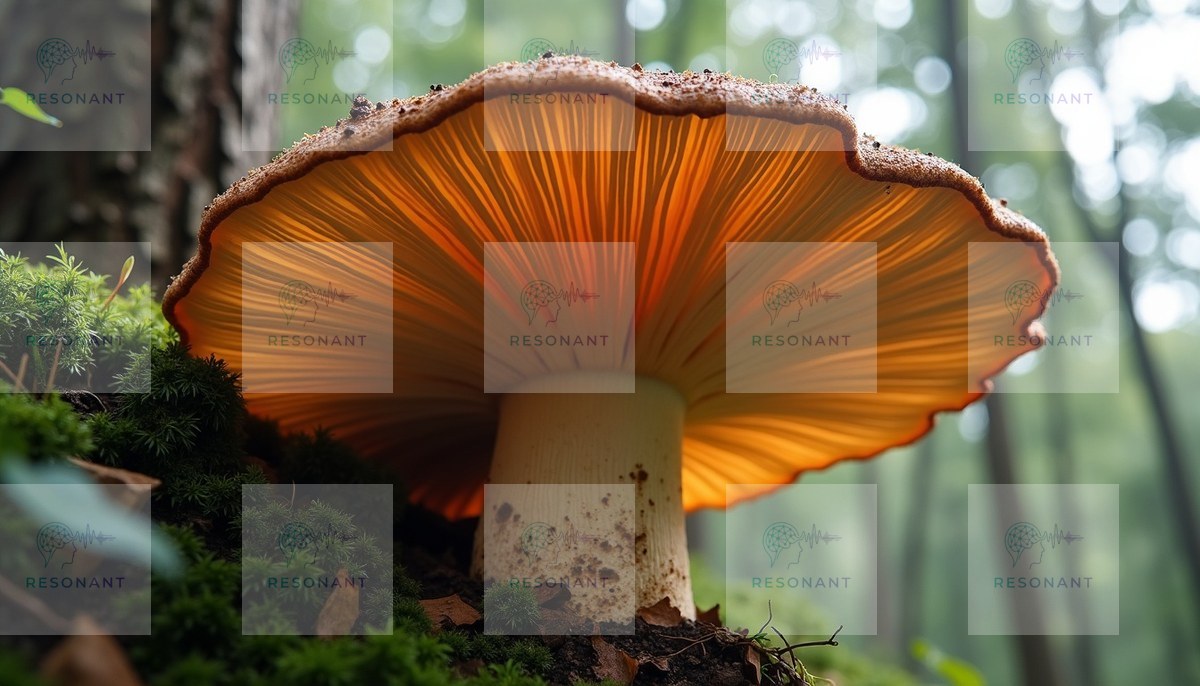 Watermarked preview — Golden Canopy Glowing Mushroom Macro Print